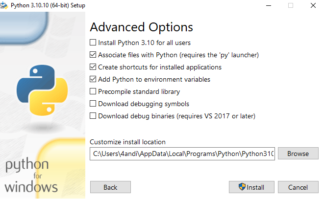 Opzioni avanzate di Python