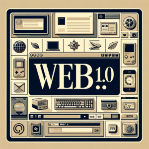 Web 1.0: Un'immagine che riflette i primi giorni di Internet, con un'estetica digitale retrò e colori tenui, tipici del design web di base.