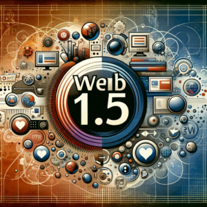 Web 1.5: Un'immagine che illustra la fase di transizione tra Web 1.0 e Web 2.0, combinando elementi sia semplici che interattivi.
