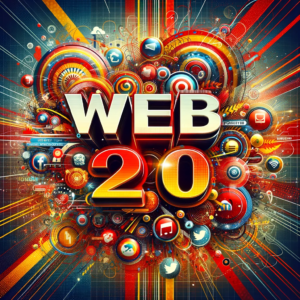 Web 2.0: Un'immagine vivace e contemporanea, che rappresenta l'era del contenuto generato dagli utenti e dei social media, con colori audaci e elementi web interattivi.