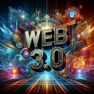 Web 3.0: Una rappresentazione moderna e futuristica del Web 3.0, caratterizzata da colori neon brillanti e elementi digitali avanzati.