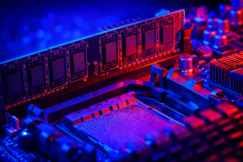 Scheda madre con RAM illuminata, articolo sull'aumento dei prezzi della RAM e degli storage