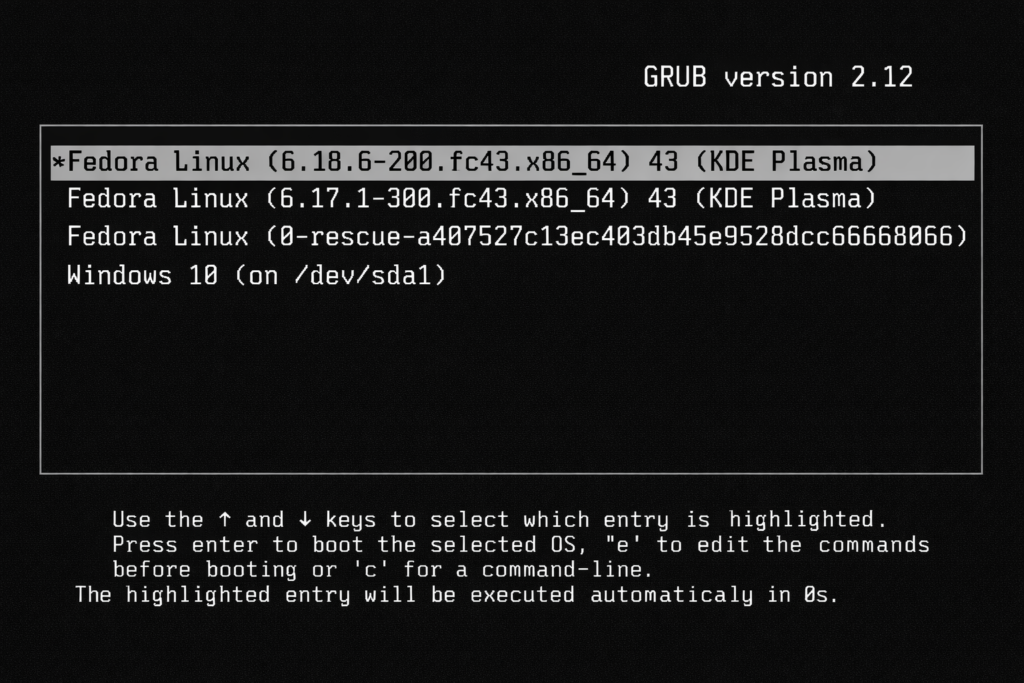Schermata di avvio del bootloader Grub dove si vedono chiaramente le due voci duplicate relative a Fedora