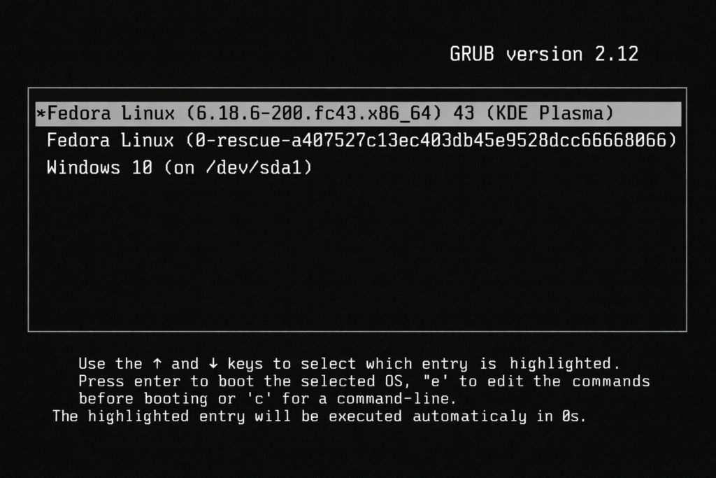 Schermata di boot Grub senza la voce duplicata di Fedora
