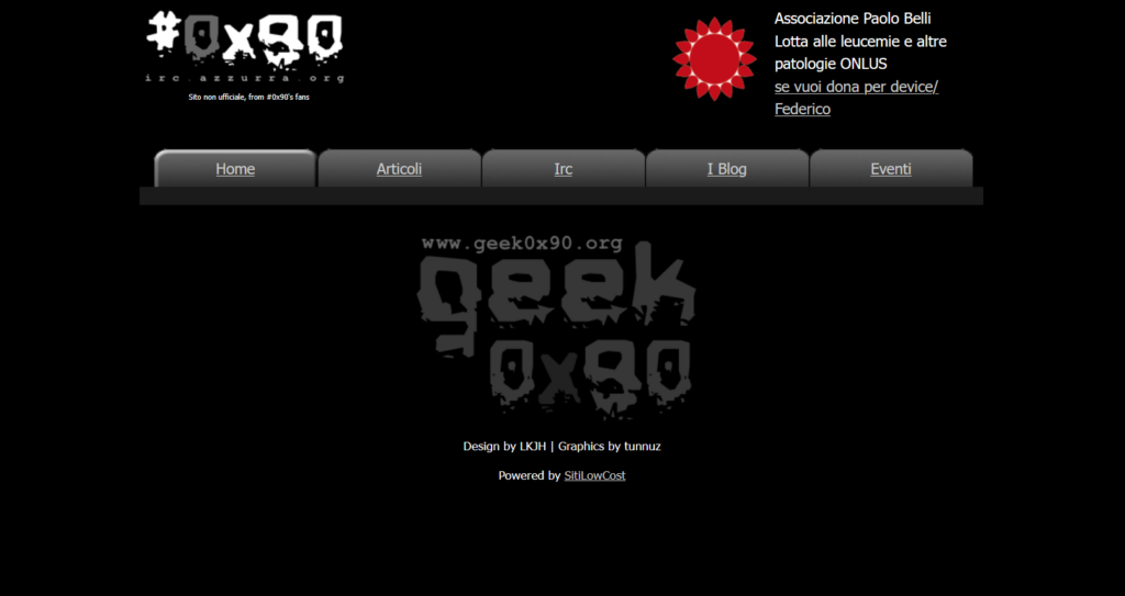 Schermata storica del sito geek0x90.org con grafica di tunnuz e design di LKJH