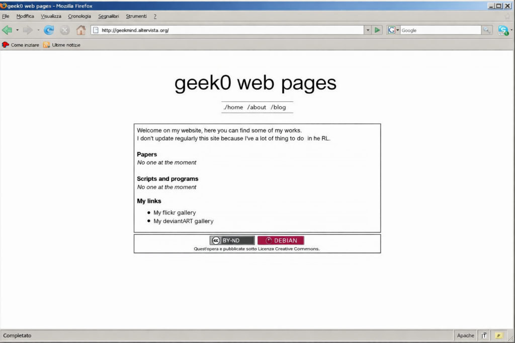 Schermata storica del sito geekmind.altervista.org creato da device nel 2007