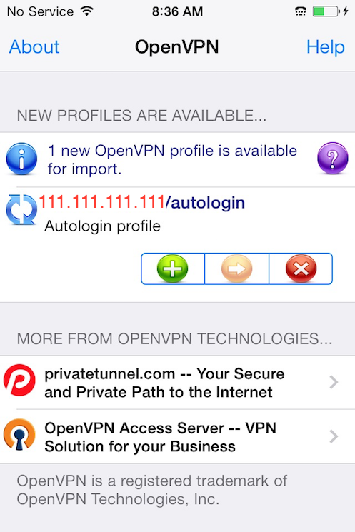OpenVPN per iOS mostra nuovo profilo pronto per l'importazione