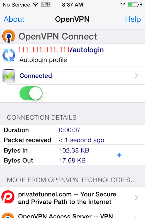 OpenVPN per iOS collegato alla rete VPN