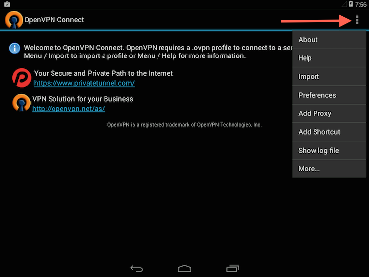 Il menu di importazione di OpenVPN per Android